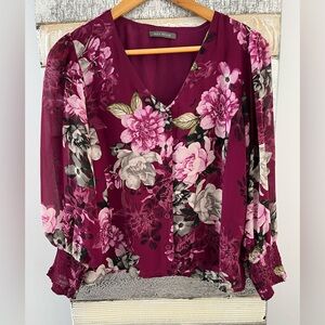 Suzy Shier Burgundy Floral Blouse